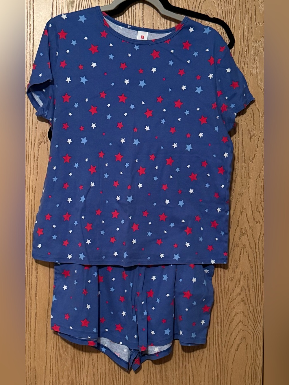 Women's Star Print Short Sleeve Pajama Set - Blue with Red & Light Blue Stars